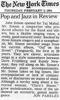 New York Times — Pop and Jazz in Review, February 3, 1994, by Jon Pareles