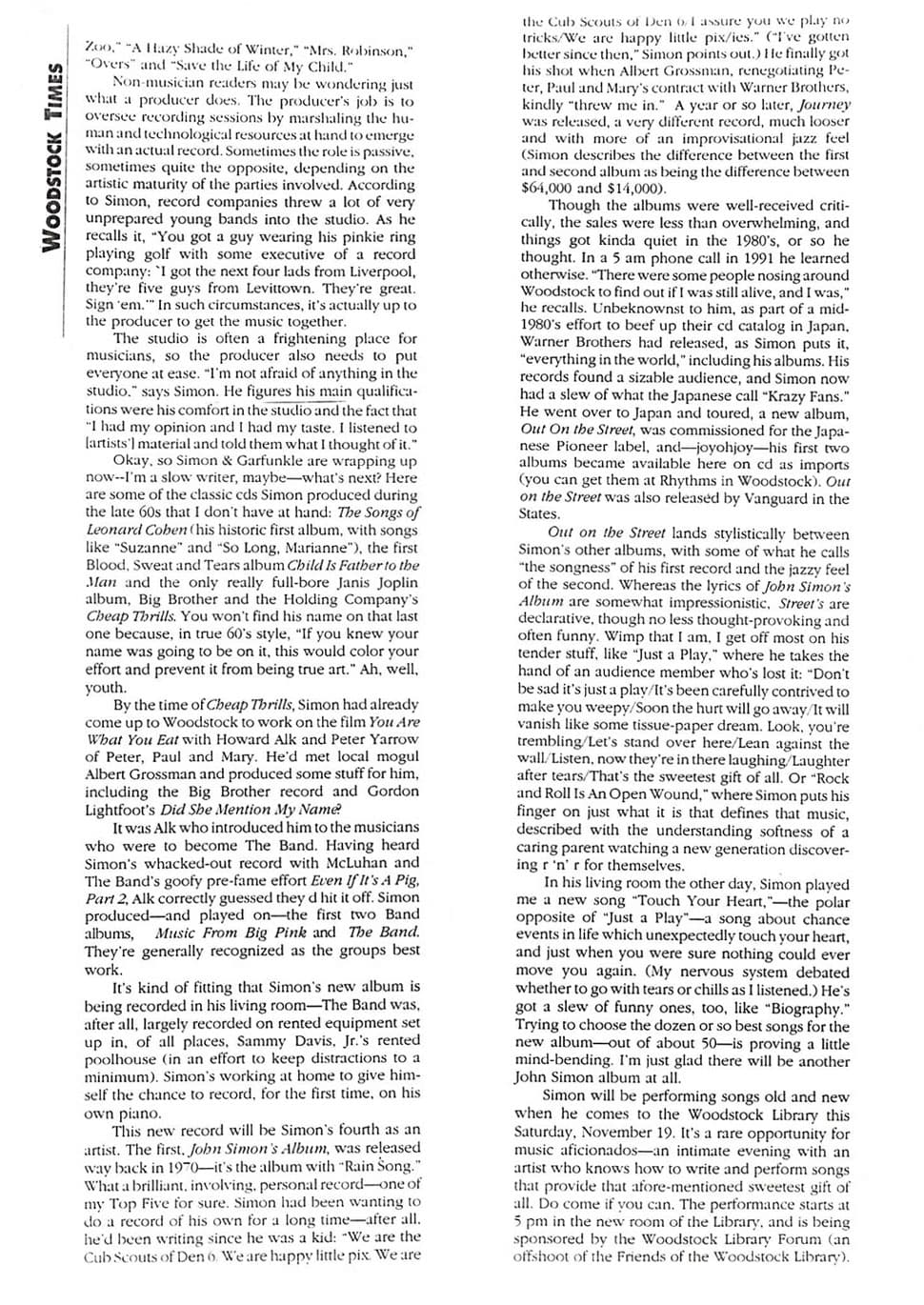 Woodstock Times feature article on John Simon, November 17, 1994, by Robby Berman — page 2