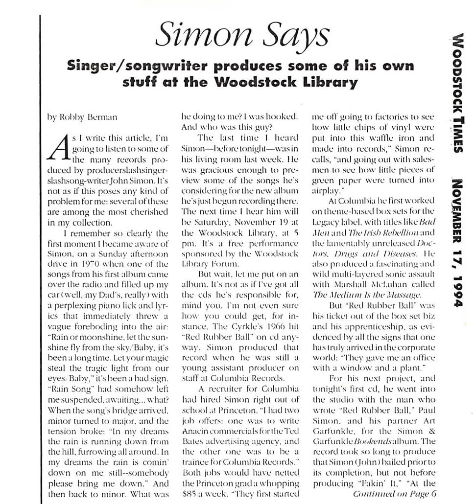 Woodstock Times feature article on John Simon, November 17, 1994, by Robby Berman — page 1