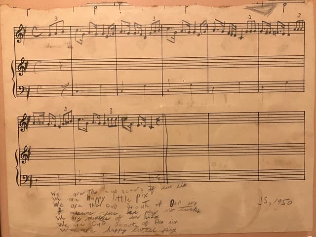 Den Six anthem, handwritten music notation by John Simon, age 8, 1950