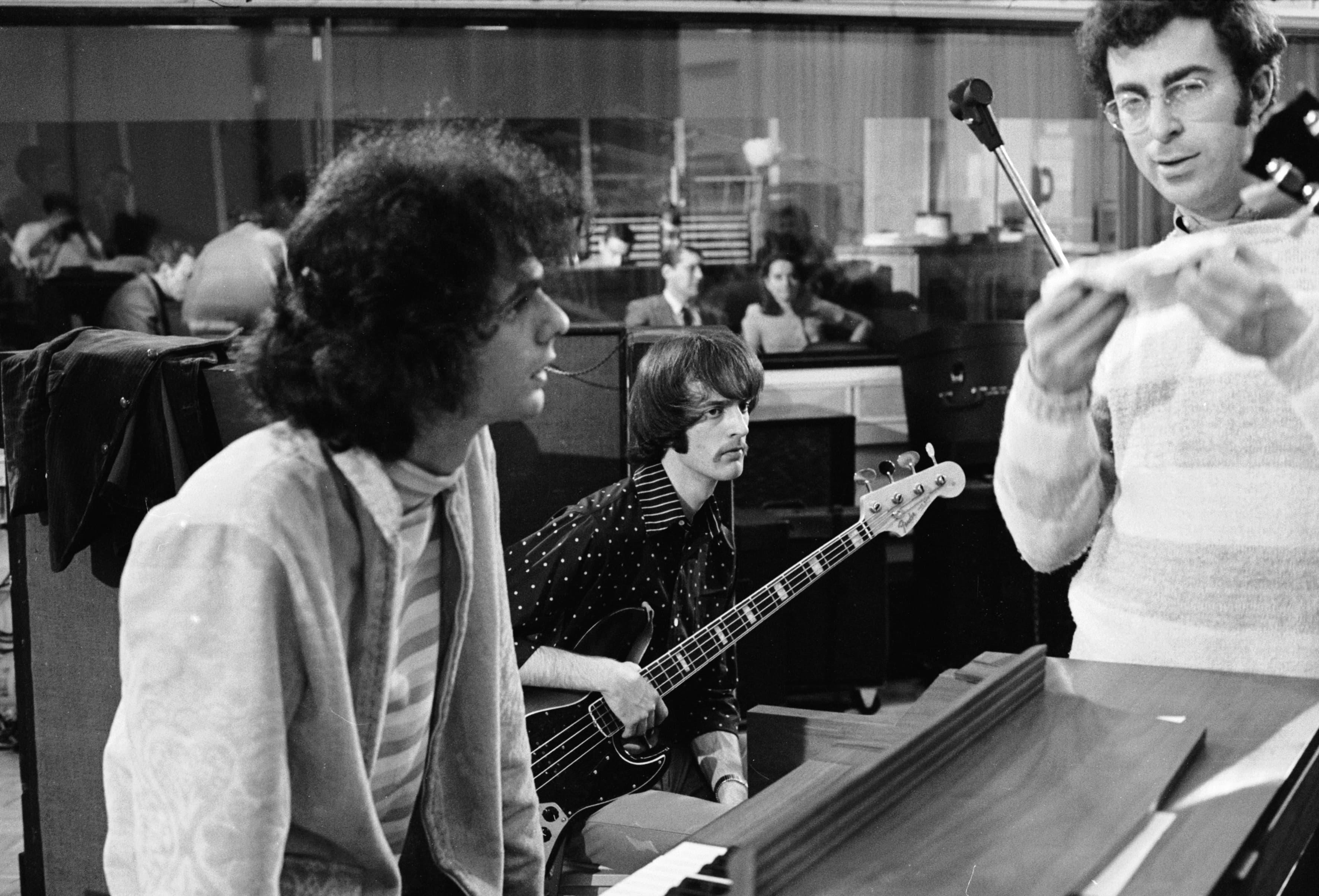 1966. Recording the 1st Blood, Sweat and Tears album at Columbia's 52nd Street Studio. Al Kooper, bassist Jim Fielder and me. Horizontally striped shirts must've been the rage at the time.
