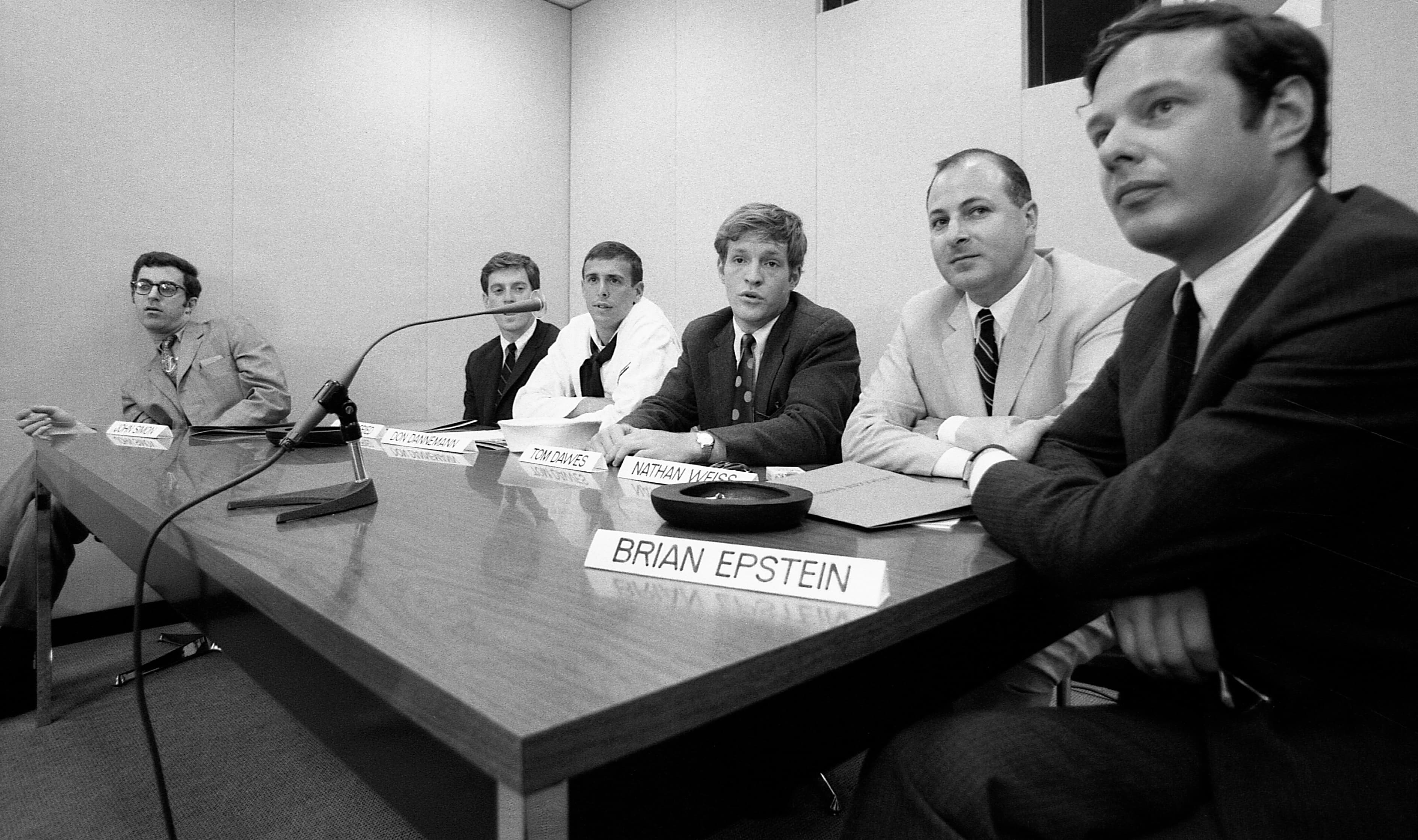 1966. A press conference announcing the affiliation of The Cyrkle with Brian Epstein, the Beatles' manager(!) and Columbia records. Me, drummer Marty Fried, singer/guitarists Don Danneman and Tom Dawes, Nat Weiss (Epstein's "American Associate") and The Great Man himself.