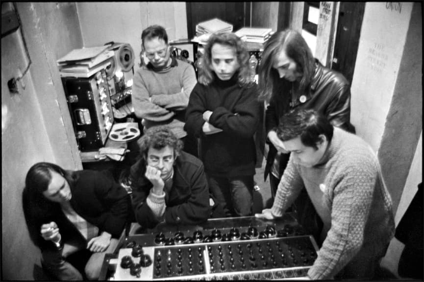 1968. Listening to some playbacks from the "Cheap Thrills" sessions with members of Big Brother. In the front, bassist Peter Albin, me and noble engineer Fred Catero. In the back, assistant engineer Frank Bruno, drummer Dave Getz and guitarist Sam Andrew.