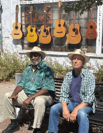 2022 — Taj and I meeting in front of Mad Dog's guitar shop in Berkeley
