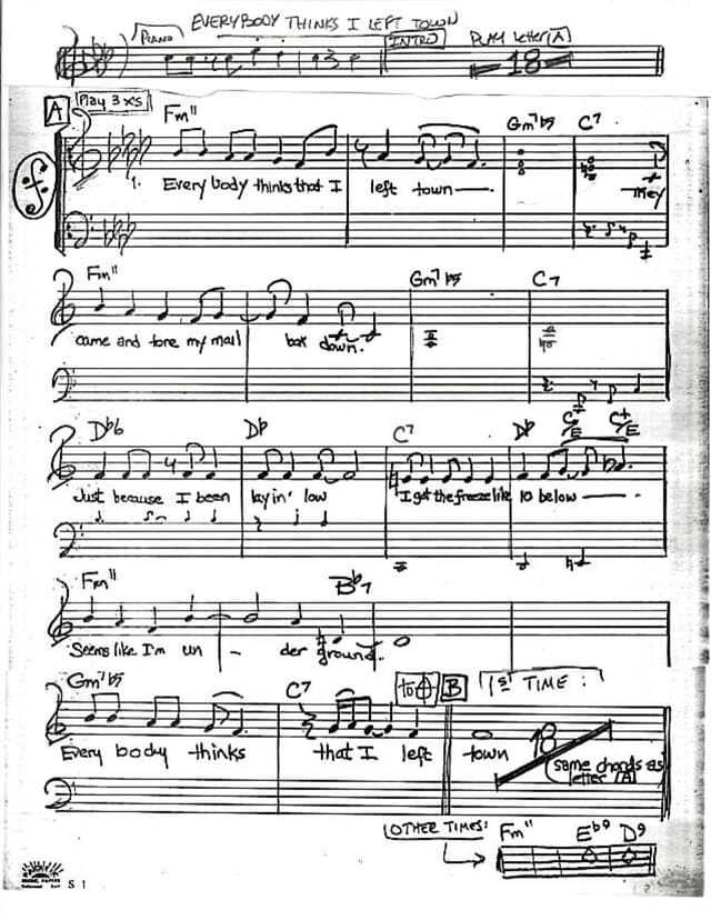 Lead sheet for Everybody Thinks I Left Town