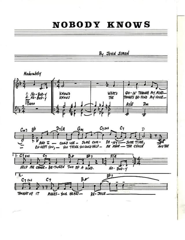 Lead sheet for Nobody Knows