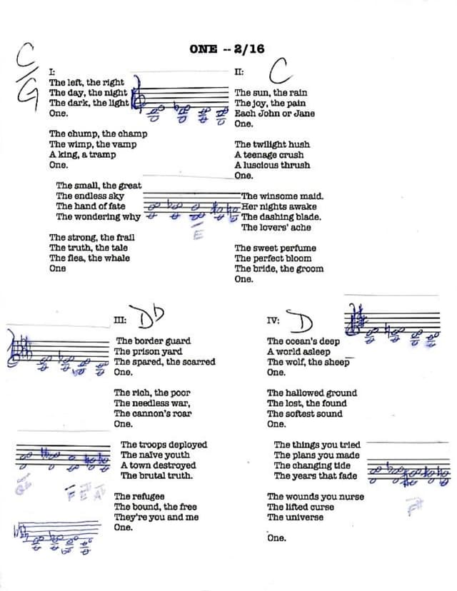 Lead sheet for One (Shortened)