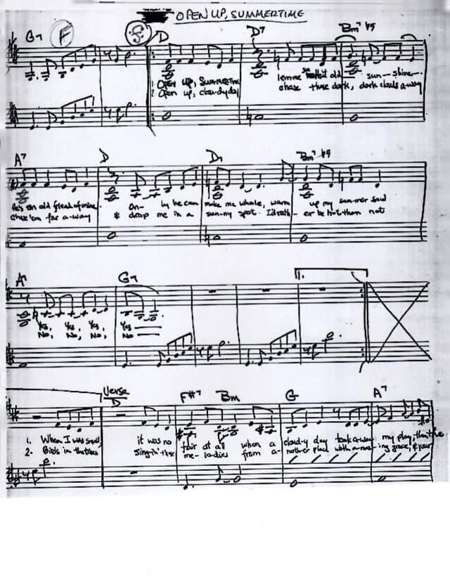 Lead sheet for Open Up, Summertime
